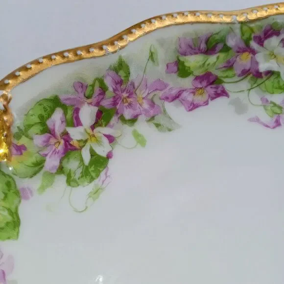 Antique A.Lanternier Limoges Porcelain Plate-Violets-Moriage Trim-Handpainted
